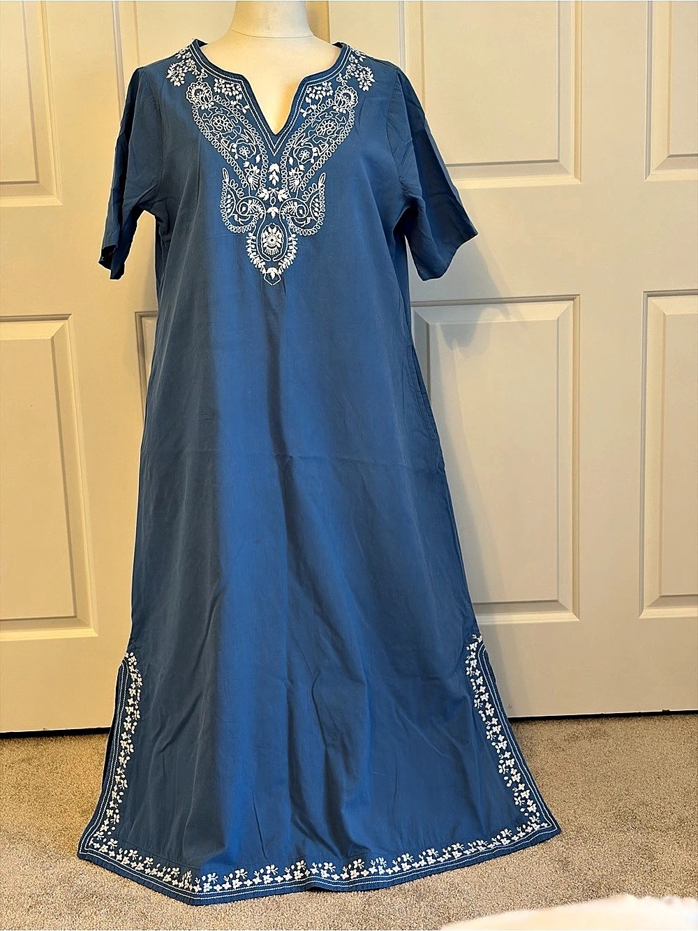 La Cera Embroidered Cotton Maxi Dress Blue Large